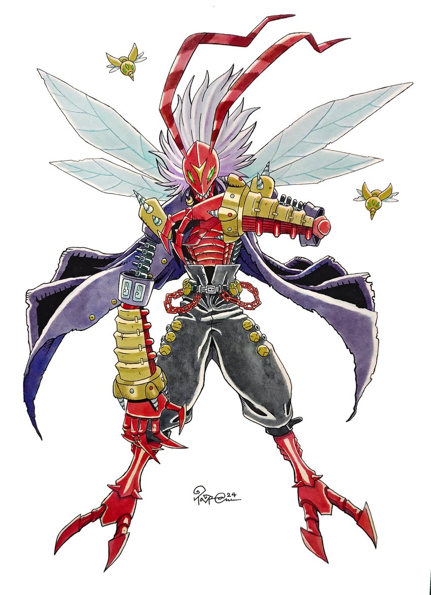 antennae_(anatomy) anthro bancho claws long_coat male red_body shirtless_anthro shirtless_male solo wings taragraphika bandai_namco digimon arthropod banchostingmon digimon_(species) insect hi_res