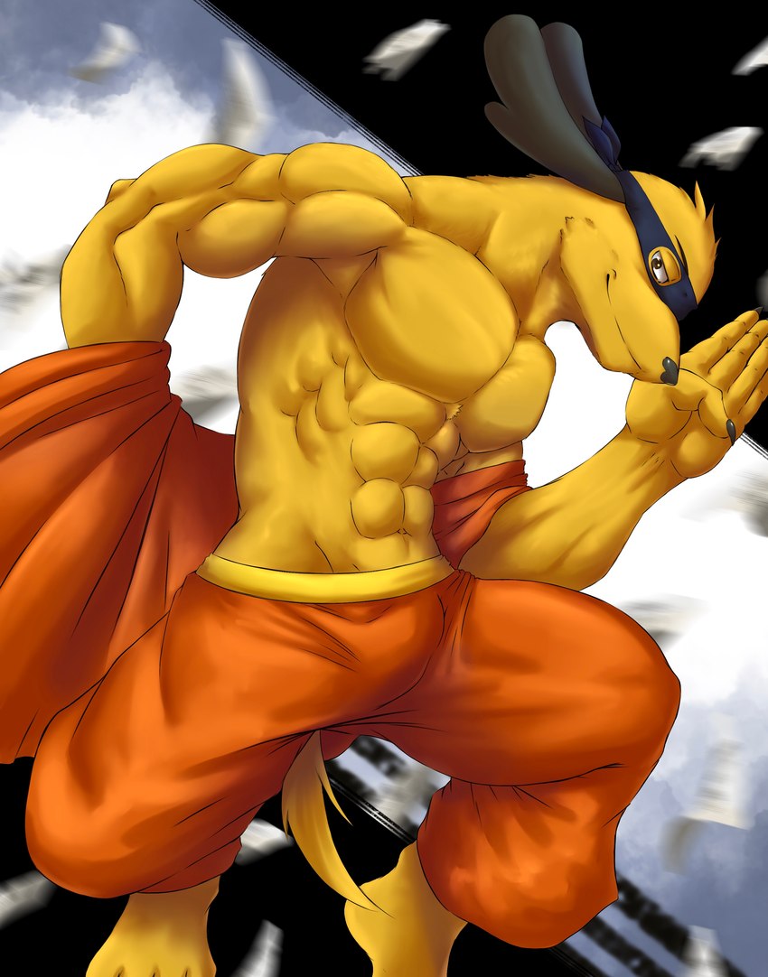 abs anthro biceps black_ears bottomwear clothed clothing fur kung_fu male mask muscular muscular_anthro muscular_male orange_bottomwear orange_clothing orange_pants pants pecs solo tail tan_body tan_fur topless topless_anthro topless_male chibikoma hanna-barbera hong_kong_phooey hong_kong_phooey_(character) canid canine canis domestic_dog mammal 2022 absurd_res digital_drawing_(artwork) digital_media_(artwork) full-length_portrait hi_res portrait