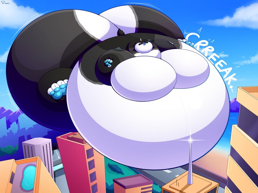 anthro belly big_belly big_butt black_body black_fur blue_paws breasts butt cast_shadow city cityscape creaking featureless_breasts female fur grey_body grey_fur huge_belly huge_butt hyper hyper_belly hyper_butt hyper_inflation inflation logo motion_lines onomatopoeia paws sound_effects sparkles text white_body white_fur frootz kay_(cookiemelon) lagomorph leporid mammal rabbit 2025 absurd_res artist_logo artist_name hi_res
