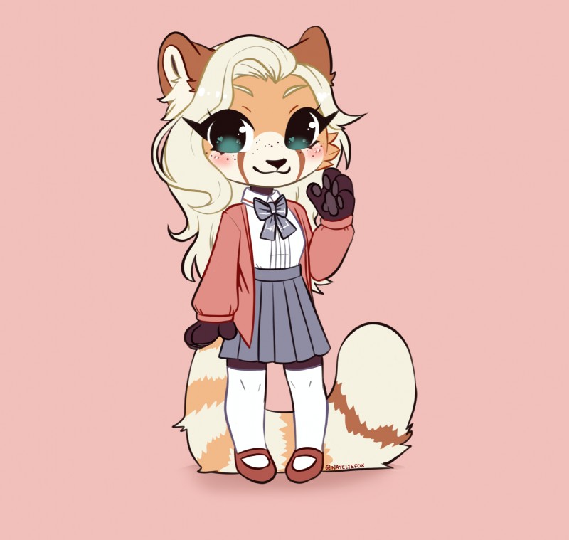 4_fingers anthro biped blonde_hair blush bottomwear clothed clothing female fingers footwear freckles green_eyes hair heart_eyes heart_symbol markings pink_background shoes simple_background skirt smile solo standing striped_markings striped_tail stripes tail tail_markings nayel-ie ailurid mammal red_panda hi_res