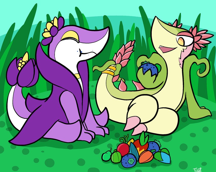 ambiguous_gender berry cheri_berry coba_berry day detailed_background duo eating eyes_closed feral food fruit grass green_body green_scales leppa_berry lum_berry occa_berry oran_berry outside plant pokemon_berry purple_body purple_scales rawst_berry scales sitting wepear_berry trout_(artist) nintendo pokemon generation_5_pokemon pokemon_(species) snivy 5:4 digital_drawing_(artwork) digital_media_(artwork) flat_colors hi_res signature