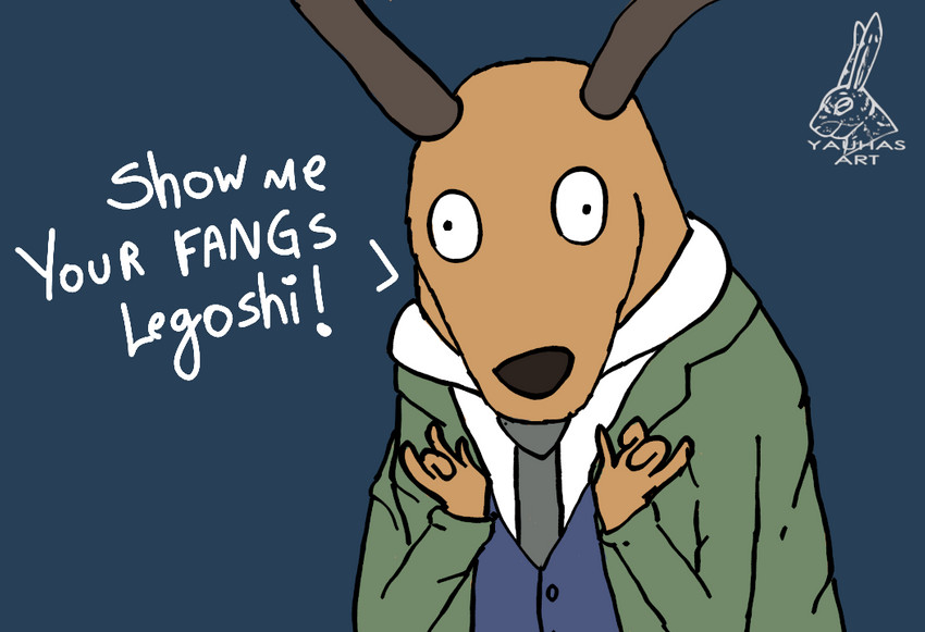 4_fingers anthro antlers blue_background clothed clothing coat dialogue fingers horn humor looking_at_viewer male necktie simple_background solo talking_to_viewer text topwear vest yauhasart adventure_time beastars cartoon_network louis_(beastars) stag_(adventure_time) cervine deer mammal red_deer 2020 english_text watermark