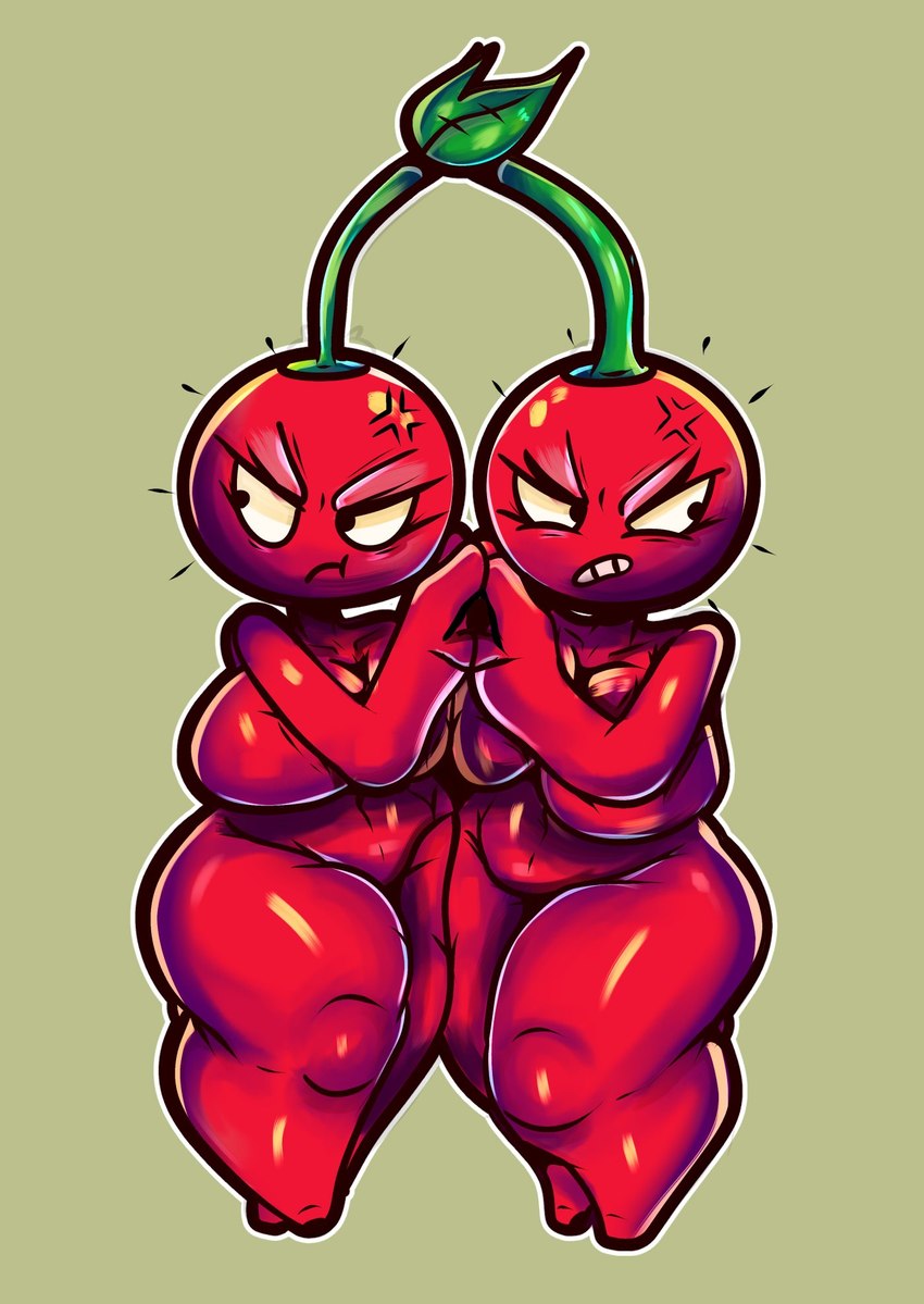 angry big_breasts breast_squish breasts cherry clenched_teeth cross-popping_vein duo featureless_feet feet female food frown fruit green_background hand_holding leaf navel nude plant pouting red_body short_stack simple_background squish teeth thick_thighs wide_hips sketchylimesliv electronic_arts plants_vs._zombies popcap_games cherry_bomb_(pvz) elemental_creature elemental_humanoid flora_fauna humanoid plant_humanoid hi_res sibling_(lore) twins_(lore)