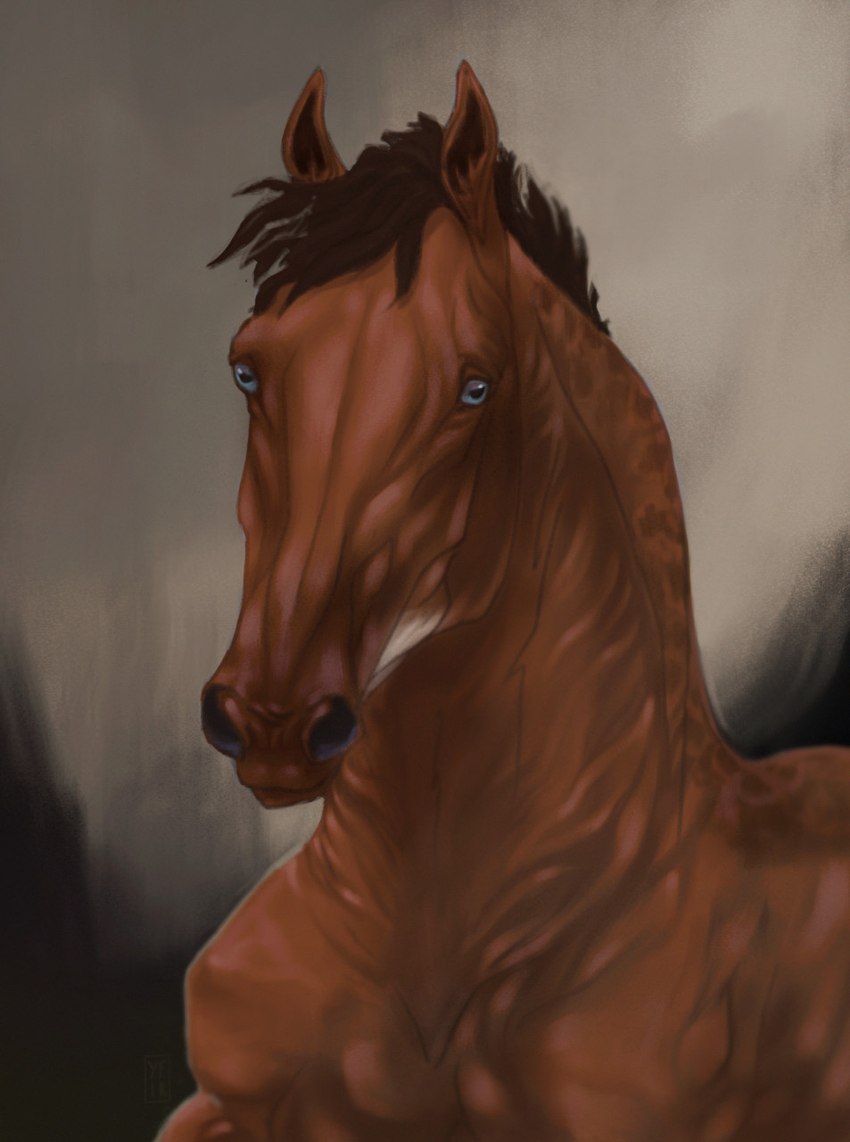 ambiguous_gender blue_eyes brown_body brown_hair brown_mane feral hair looking_at_viewer mane simple_background solo yfir dolero equid equine horse mammal 2021 digital_media_(artwork) half-length_portrait hi_res portrait