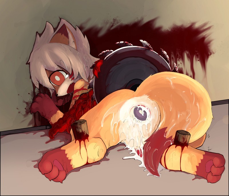 anthro bisected blood bodily_fluids corpse cum death death_stare feet genital_fluids gore gore_focus guts hindpaw intestines killing male object_in_ass open_mouth organs paws saw sawblade snuff solo tears tools wide_eyed feanor canid canine fox mammal hi_res