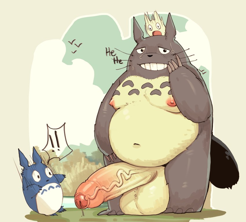 anthro balls big_penis blush bodily_fluids dripping embarrassed erection foreskin genital_fluids genitals humanoid_genitalia humanoid_penis male moobs nervous_laugh overweight overweight_male partially_retracted_foreskin penis precum precum_drip vein veiny_penis desfrog ghibli my_neighbor_totoro totoro mammal absurd_res hi_res