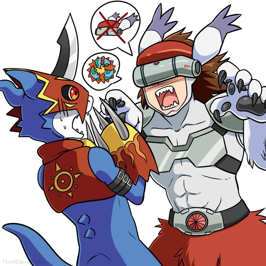 abs anthro armor blue_body claws duo humor male pawpads red_eyes scared simple_background speech_bubble straps visor white_background thatsquirrelly bandai_namco digimon digimon_(species) flamedramon humanoid silphymon 1:1 hi_res