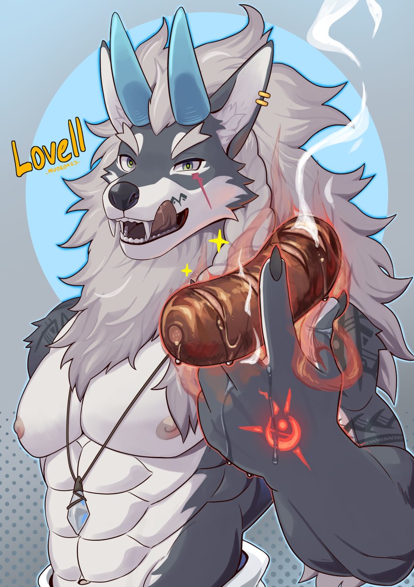 anthro food fur grey_body grey_eyes grey_fur grey_hair hair horn looking_at_viewer male meat muscular muscular_male nipples open_mouth sausage solo tongue tongue_out mumu202 canid canine canis mammal wolf hi_res