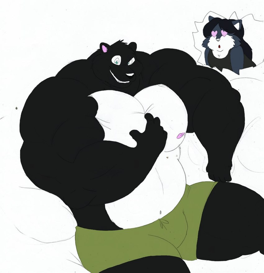 black_body black_hair blue_body bottomwear breasts cleavage clothed clothing female green_eyes hair heart_eyes heart_symbol long_hair looking_at_viewer male muscular nipples shirt shorts smile teeth topwear white_body third-party_edit xxsparcoxx lucas_mcfist bear mammal color_edit colored