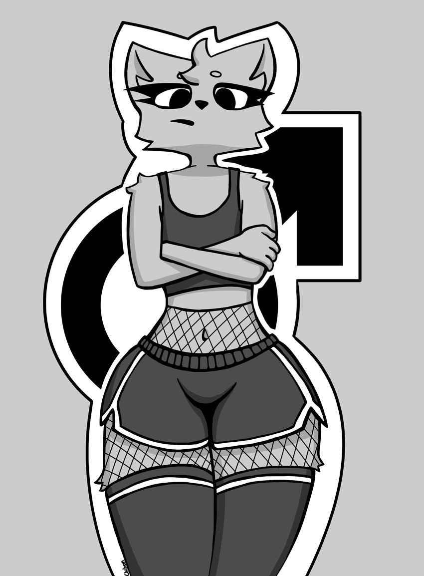 4_fingers anthro belly bottomwear bulge clothed clothing crop_top crossdressing crossed_arms dolphin_shorts femboy fingers fur hotpants legwear long_lashes male navel net shirt shorts solo thigh_highs topwear wide_hips chibon kami(chibon) domestic_cat felid feline felis mammal absurd_res greyscale hi_res monochrome