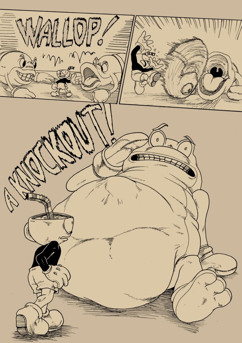 abdominal_bulge accidental_vore anthro belly belly_on_ground bendy_straw big_belly bottomwear boxing_gloves clothing drinking_straw footwear fully_inside group handwear male male_pred male_prey milk open_mouth oral_vore same_size_vore shocked shoes shorts text vore lordweegee64 cuphead_(game) croaks_(cuphead) cuphead_(character) ribby_(cuphead) amphibian frog 2020 digital_media_(artwork) hi_res