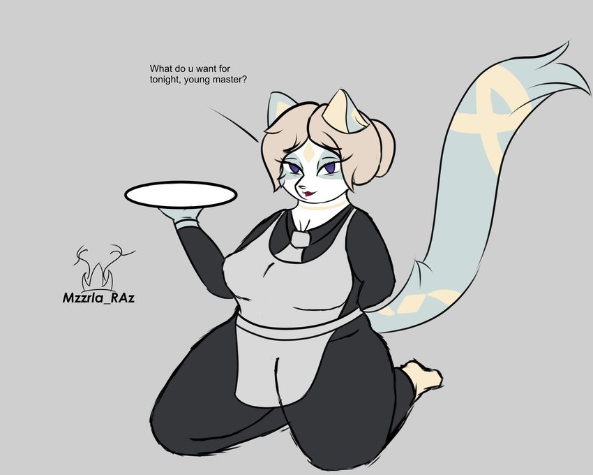 anthro big_breasts breasts clothed clothing dialogue female fur hair holding_object holding_plate kneeling looking_at_viewer maid_uniform simple_background sitting solo text uniform mzzrlaraz laurel_(mzzrlaraz) domestic_cat felid feline felis mammal 5:4 absurd_res digital_media_(artwork) english_text hi_res