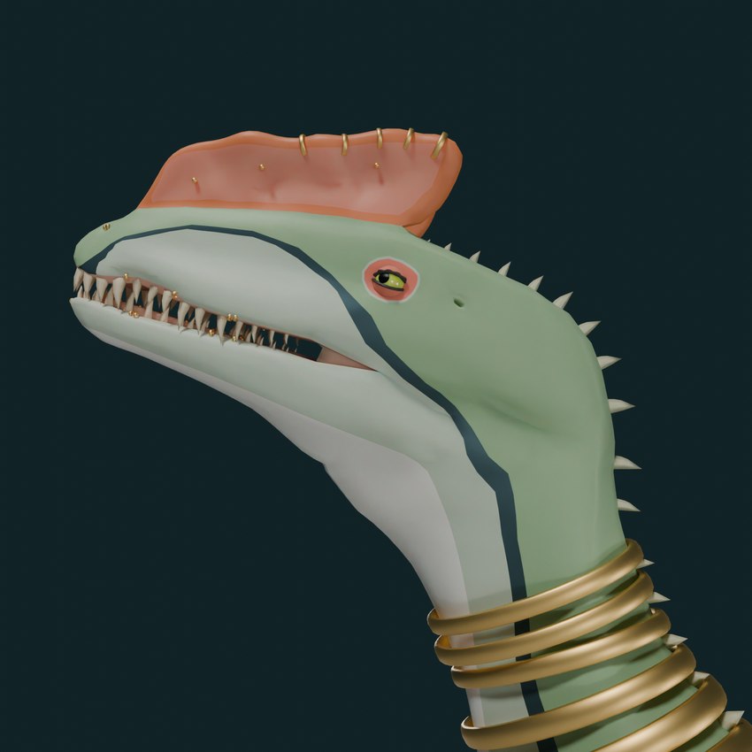 blue_highlights collar countershading facial_piercing female feral green_body head_crest highlights_(coloring) light_belly lip_piercing multiple_piercings neckband neckwear nose_piercing orange_crest piercing sharp_teeth solo spikes teeth yellow_eyes mercymej dilophosaurid dilophosaurus dinosaur prehistoric_species reptile scalie theropod 1:1 3d_(artwork) digital_media_(artwork) hi_res unfinished