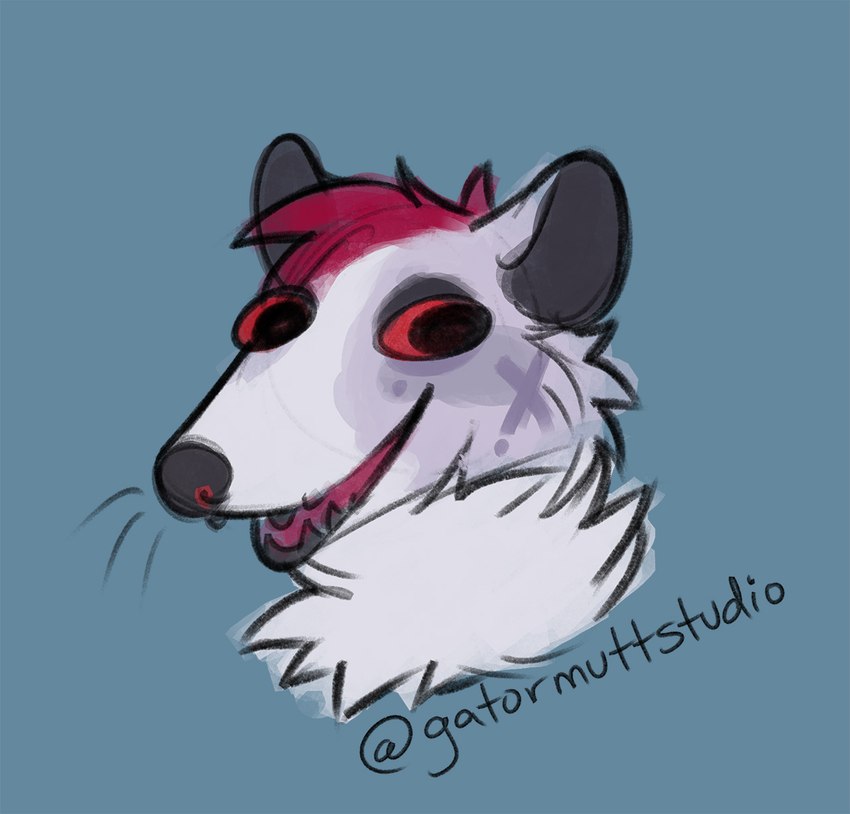 ambiguous_form ambiguous_gender black_teeth blue_background cheek_tuft facial_tuft fur head_tuft looking_at_viewer neck_tuft no_sclera open_mouth open_smile red_eyes simple_background smile solo teeth tuft white_body white_fur mylafox american_opossum mammal marsupial 2022 hi_res