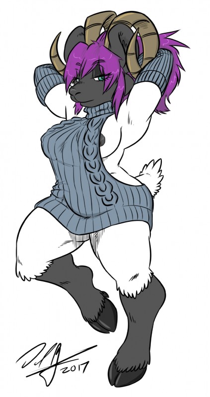 anthro big_breasts breasts clothing female green_eyes hair hooves horn looking_at_viewer nipples solo sweater topwear virgin_killer_sweater baikobits meme_clothing baiko bovid caprine domestic_sheep mammal sheep 2017 hi_res meme