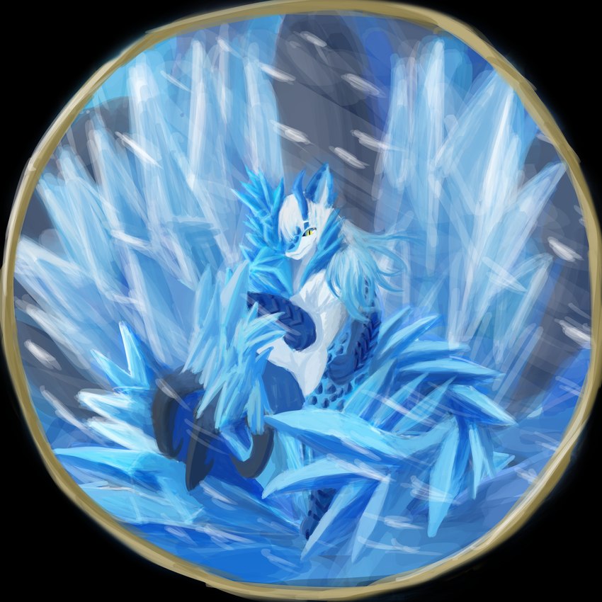 anthro blue_body claws frozen fur hair ice looking_at_viewer male nude solo tail white_body white_fur white_hair yellow_eyes crybitur limbus_company mythology project_moon baba_yaga_(project_moon) abnormality_(project_moon) dragon fish hybrid marine mythological_creature mythological_scalie scalie shark absurd_res hi_res