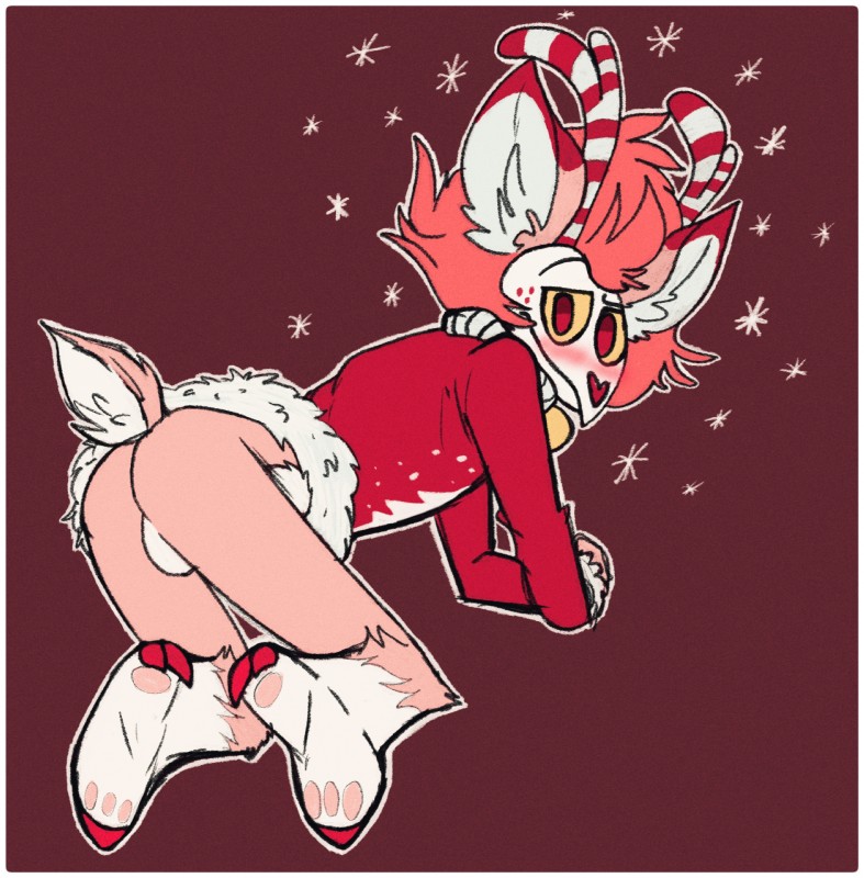 anthro antlers backsack balls biped border bottomless butt clothed clothing fur genitals hair holidays hooves horn male no_pupils pink_body pink_fur pink_hair presenting presenting_hindquarters red_eyes snowflake solo white_body white_border white_fur solarlewds christmas holidaze_(vivzmind) jingle_(vivzmind) deer mammal spirit absurd_res hi_res