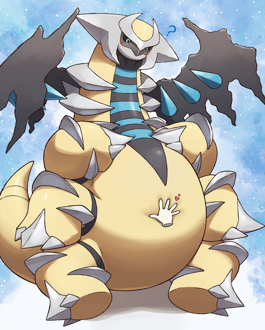 6_legs ambiguous_gender belly belly_grab black_sclera blue_eyes disembodied_hand duo featureless_crotch feral heart_symbol multi_leg multi_limb question_mark simple_background solo_focus white_background wings yellow_body on_ice_(artist) nintendo pokemon altered_forme_giratina generation_4_pokemon giratina legendary_pokemon pokemon_(species) shiny_pokemon absurd_res hi_res