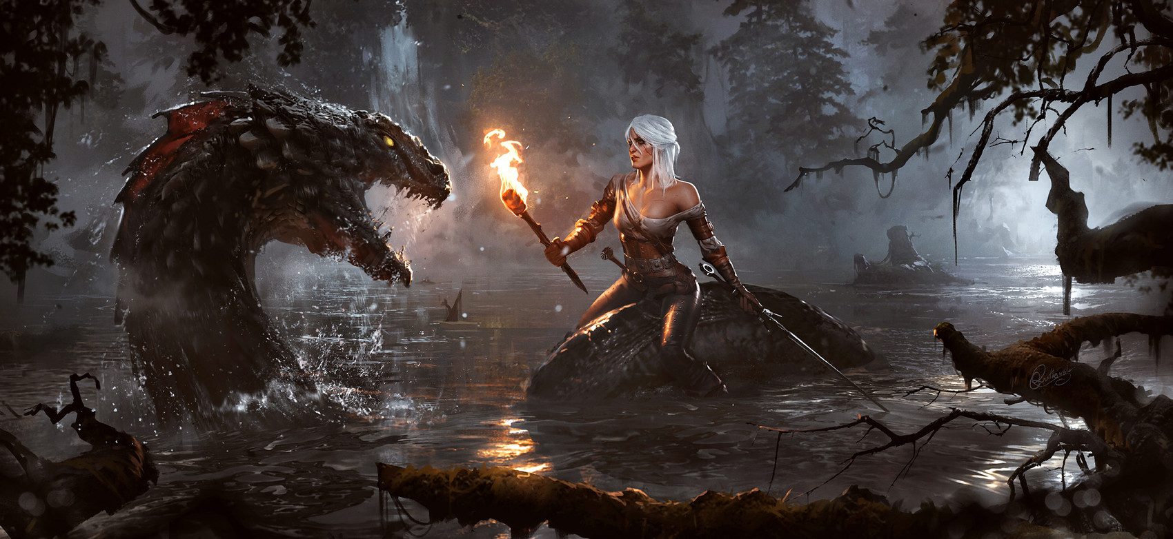 ambiguous_gender breasts detailed_background duo female feral fin fog forest hair holding_melee_weapon holding_object holding_sword holding_torch holding_weapon lake melee_weapon nipple_outline open_mouth outside plant scar sword torch tree waterfall weapon white_hair 88grzes mythology the_witcher cirilla_fiona_elen_riannon aquatic_dragon dragon human mammal marine mythological_creature mythological_scalie scalie hi_res