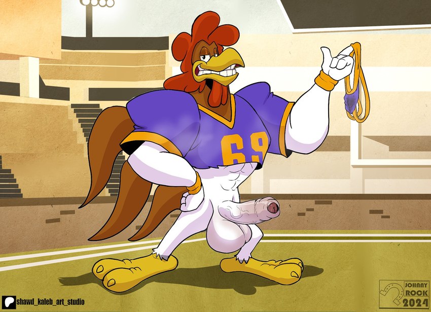 2_toes 69_(number) abs aged_down anthro avian_feet balls barefoot bedroom_eyes big_balls bottomless bottomless_anthro bottomless_male brown_head clothed clothing colored_seam_underwear confident crop_top erection feathers feet football_field football_jersey football_player football_uniform foreskin genitals grin hand_on_hip hand_on_own_hip holding_clothing holding_jockstrap holding_object holding_underwear huge_balls humanoid_genitalia humanoid_penis jockstrap logo looking_at_viewer male narrowed_eyes number_on_jersey number_on_topwear orange_seam_shirt orange_seam_underwear orange_wristband penis purple_clothing purple_jersey purple_jockstrap purple_topwear purple_underwear red_crest red_wattle seducing_viewer seductive shirt shoulder_pads smile solo standing tail tail_feathers toes topwear underwear white_body white_feathers yellow_feet shawd looney_tunes warner_brothers foghorn_leghorn avian bird chicken galliform gallus_(genus) phasianid 2024 artist_logo dated digital_media_(artwork) hi_res