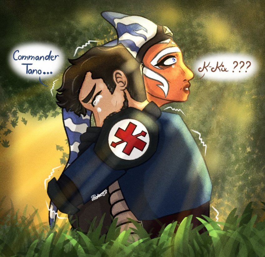 accessory armor black_hair blue_body blue_lekku blue_skin blue_stripes bodily_fluids clone clothed clothing crying duo facial_hair female female_humanoid forest forest_background grass hair headband horn hug jedi kix_(star_wars) lekku_(anatomy) lekku_markings light light_beam male male_human medic_cross nature nature_background orange_body orange_skin plant shaking shocked striped_lekku stripes sunbeam sunlight tears tree white_body white_lekku white_skin nikoldragonne star_wars ahsoka_tano clone_trooper alien human humanoid mammal togruta hi_res signature