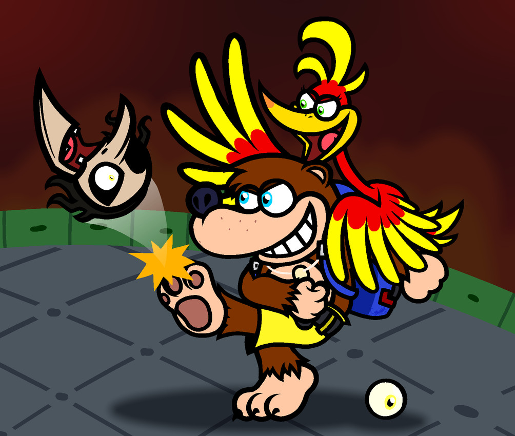 3_toes 4_fingers anthro backpack beak belt black_belt black_hair black_nose black_toes blue_backpack blue_eyes bone bottomwear brown_body brown_fur brown_pawpads brown_sky clothing cloud eyeball eyelashes feathers feet female fingers fist fur furrowed_brow green_eyes group hair jewelry kick kicking_another lidded_eyes male male_anthro midair missing_eye multicolored_beak multicolored_body multicolored_feathers necklace open_mouth open_smile orange_beak pawpads pink_tongue pointy_nose red_body red_feathers red_wings semi-anthro short_hair shorts skeleton sky smile smiling_at_another tail tan_body tan_feet tan_hands tan_skin toes tongue tooth_necklace toothy_grin trio two_tone_beak two_tone_body two_tone_feathers two_tone_wings whisker_spots wings yellow_beak yellow_body yellow_bottomwear yellow_clothing yellow_eyes yellow_feathers yellow_shorts yellow_tail yellow_wings captainquack64 banjo-kazooie rareware banjo_(banjo-kazooie) gruntilda_winkybunion kazooie animated_skeleton avian bear breegull brown_bear mammal undead ursine 2024 colored digital_drawing_(artwork) digital_media_(artwork) english_description hi_res shaded simple_shading