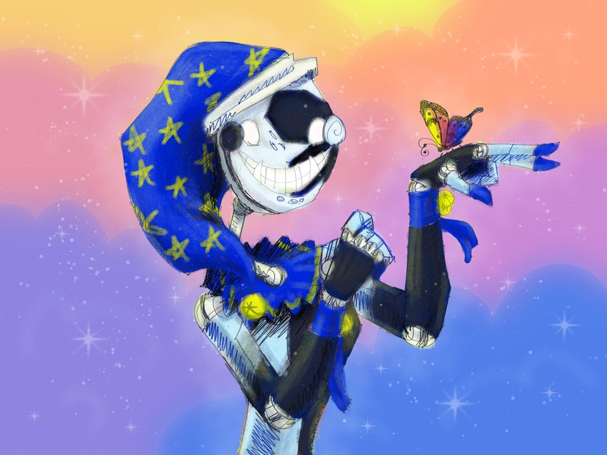 bell blue_body cloud clown jester machine male ribbons sky skyscape solo sparkles star sunrise sunset caloxya five_nights_at_freddy's five_nights_at_freddy's:_security_breach scottgames steel_wool_studios daycare_attendant_(fnaf) moon_(fnaf) animatronic arthropod butterfly humanoid insect lepidopteran robot 4:3 colored_sketch digital_media_(artwork) hi_res sketch