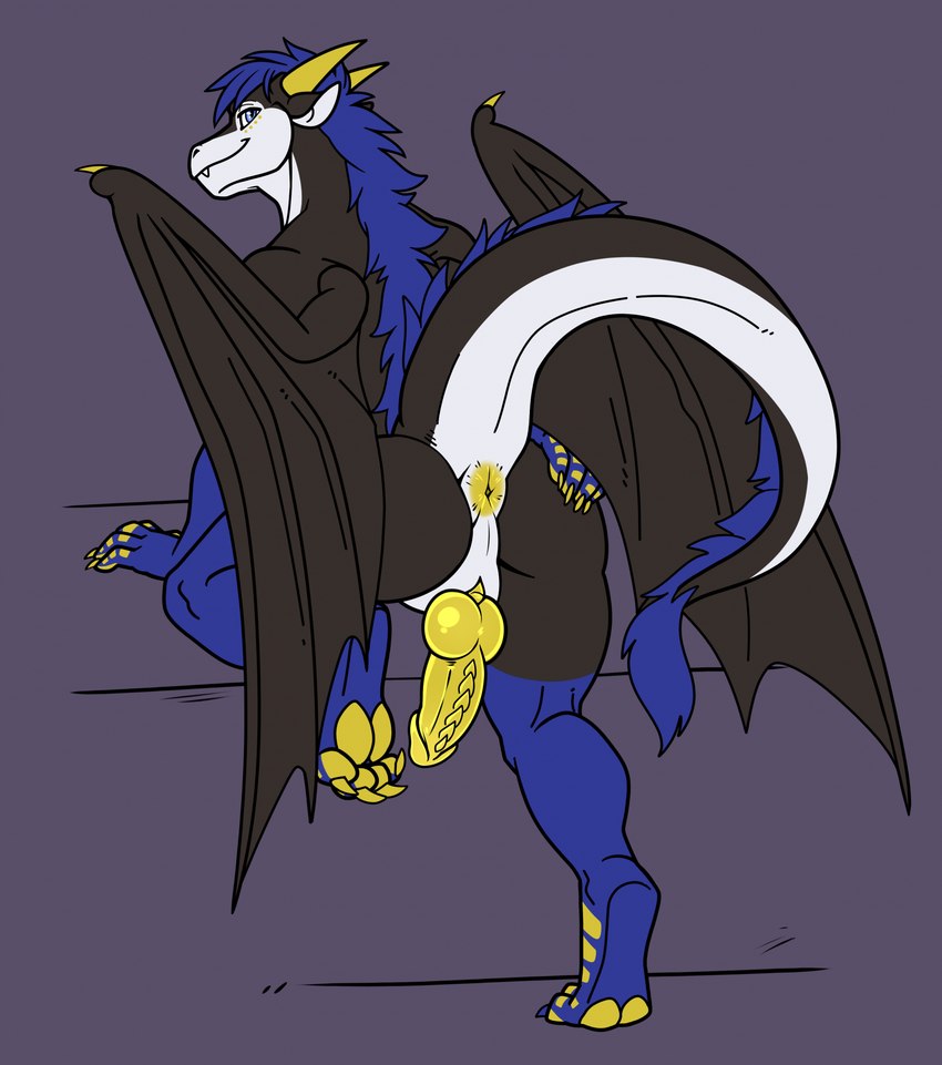 anthro anus black_body blue_eyes blue_hair butt claws countershade_face countershade_tail countershading genitals hair hand_on_butt hand_on_own_butt horn knot looking_back male nude paws penis presenting presenting_anus solo tail wings yellow_anus yellow_horn yellow_penis nameless00 mythology dragon mythological_creature mythological_scalie scalie hi_res