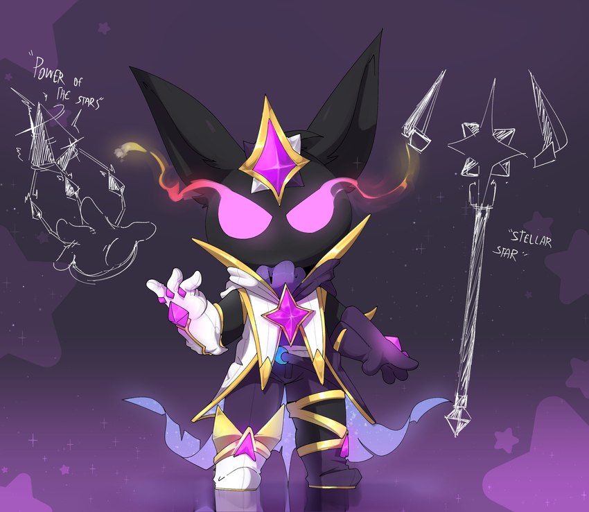 abstract_background ambiguous_gender anthro black_body black_bottomwear black_clothing black_fur black_pants bottomwear clothed clothing fur gloves handwear head_ornament jacket looking_at_viewer pants pose purple_eyes solo star_guardian topwear white_clothing white_jacket white_topwear smite_(artist) league_of_legends riot_games tencent veigar yordle full-length_portrait hi_res portrait male_(lore)