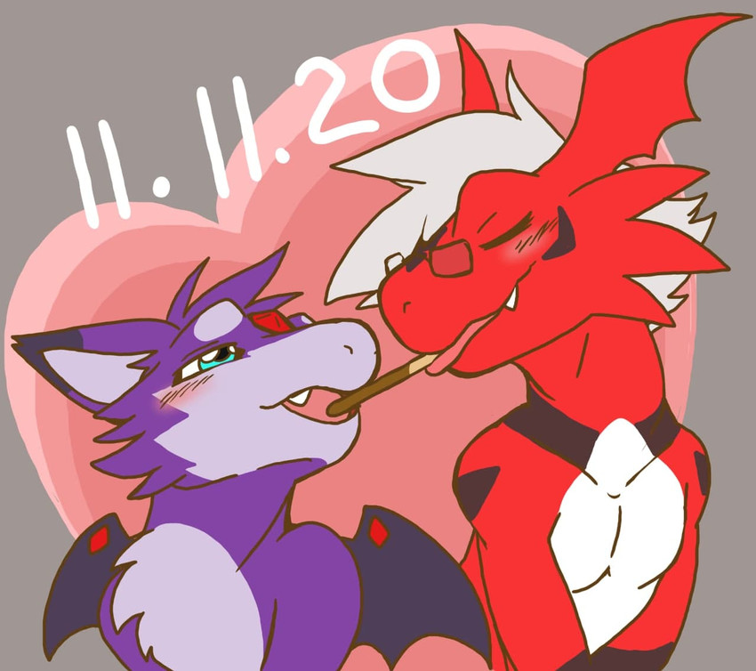 anthro duo heart_symbol male chicostyx bandai_namco digimon mythology pocky_and_pretz_day fan_character janus_the_dorumon sol_the_guilmon digimon_(species) dorumon dragon fanmon guilmon mythological_creature mythological_scalie reptile scalie x-digimon