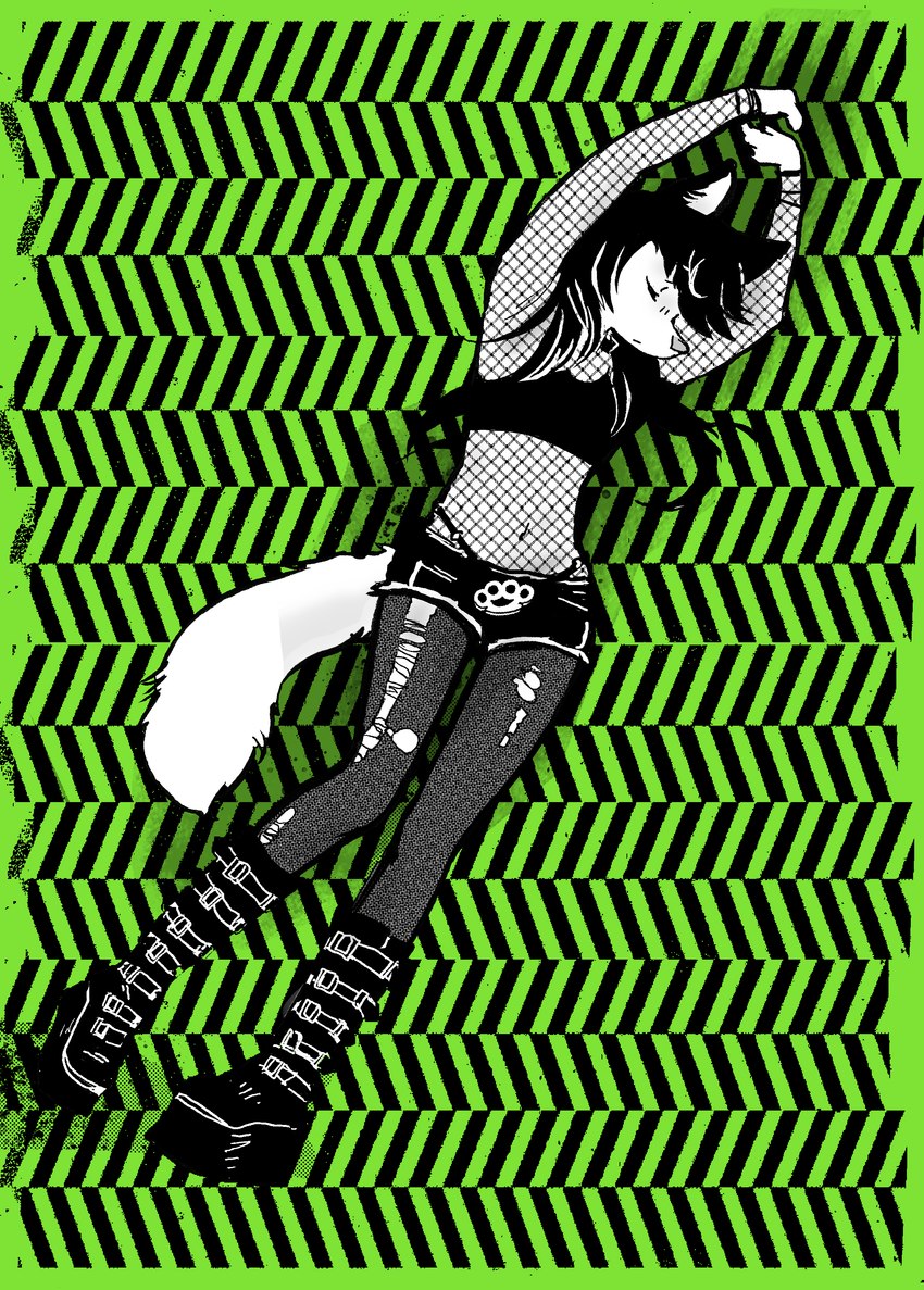 abstract_background alternative_fashion anthro arms_above_head biped boots brass_knuckles clothing female fishnet_clothing footwear melee_weapon midriff pattern_background platform_boots platform_footwear scene_(fashion) shoes simple_background slim_anthro slim_female solo standing tail weapon epilepsy_warning remy_boydell 920london image_comics hana_venom canid canine mammal 2023 absurd_res green_theme hi_res official_art restricted_palette