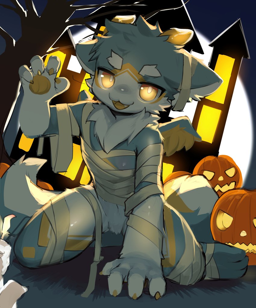 anthro clothing costume food fruit fur halloween_costume halloween_themed holidays jack-o'-lantern kneeling male mummy_costume mummy_wrappings plant pumpkin solo white_body white_fur yellow_eyes young young_anthro min_furry halloween mythology dragon furred_dragon furred_scalie mythological_creature mythological_scalie scalie 5:6 absurd_res hi_res