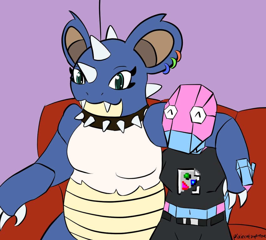 anthro arm_over_shoulder collar duo ear_piercing ear_ring female furniture inside piercing ring_piercing sofa spiked_collar spikes pixiecatsupreme nintendo pokemon liz_(pixiecatsupreme) generation_1_pokemon nidoqueen pokemon_(species) porygon digital_drawing_(artwork) digital_media_(artwork) flat_colors nonbinary_(lore)