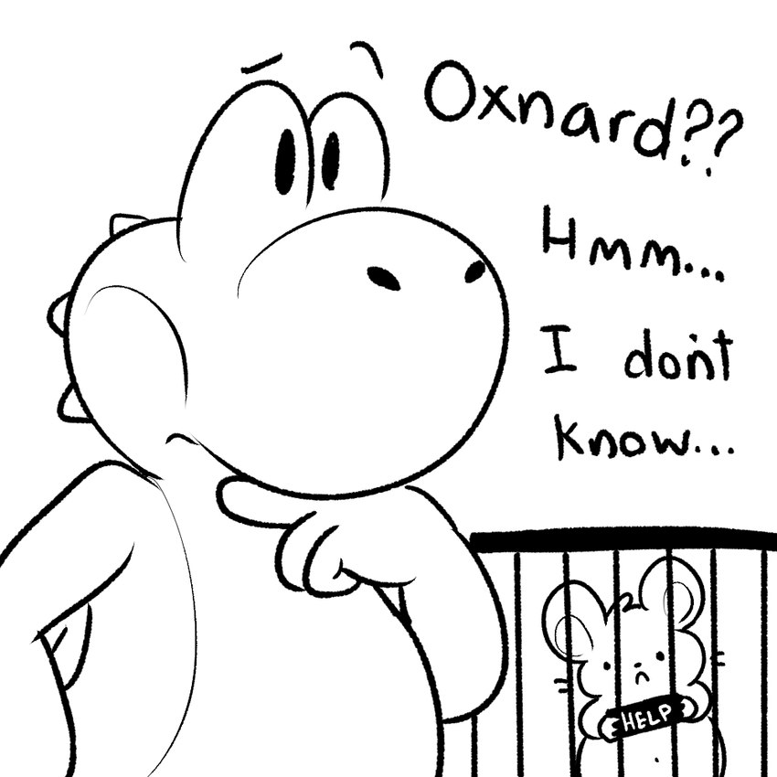 ambiguous_gender anthro cage dialogue duo imprisoned male sign simple_background text whiskers white_background nishi_oxnard mario_bros nintendo oxynard cricetid hamster mammal rodent yoshi 1:1 black_and_white english_text monochrome