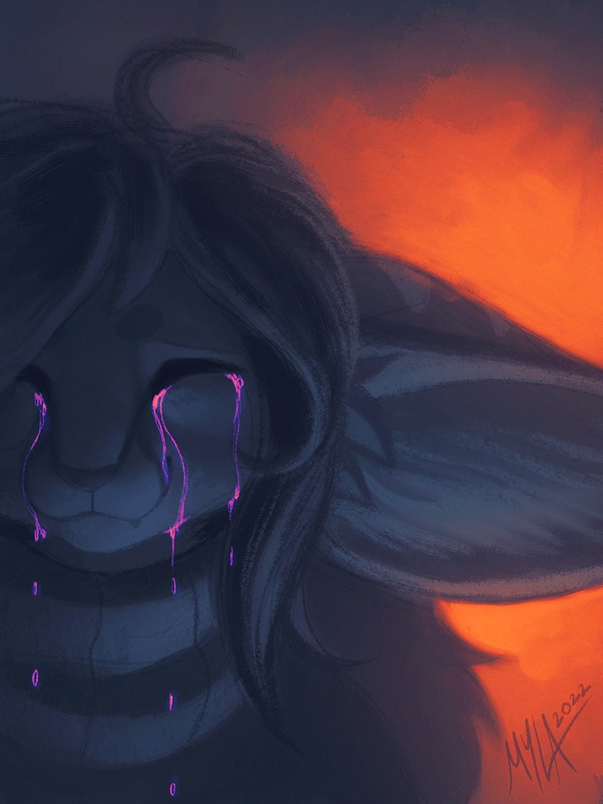 abstract_background anthro bodily_fluids clothed clothing crying eyes_closed female front_view hair mouth_closed solo tears mylafox mylafox_(character) canid canine felid feline fennec_fox fox hybrid lynx mammal true_fox 2022 3:4 bust_portrait dated hi_res portrait