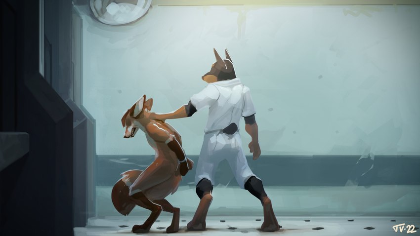 anthro barefoot biped clothed clothed_anthro clothed_male clothing cuff_(restraint) dominant dominant_anthro dominant_male feet handcuffed handcuffs male metal_cuffs nude restraints standing submissive submissive_anthro tempestus_vulpis canid canine canis dobermann domestic_dog fox mammal pinscher 16:9 2022 absurd_res hi_res widescreen