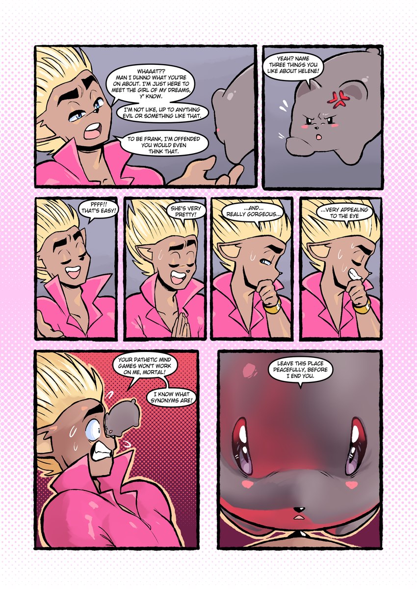 anthro blonde_hair blue_eyes blush blush_stickers brown_body clothed_male clothing cross-popping_vein dialogue duo ear_piercing ear_ring extreme_size_difference feral hair larger_male male micro_anthro micro_male piercing pink_clothing pink_shirt pink_topwear ring_piercing semi-anthro shirt size_difference smaller_male speech_bubble text threatening topwear jamoart dan_(jamoart) hampt_(jamoart) cricetid hamster mammal porcupine rodent 2024 absurd_res comic english_text hi_res