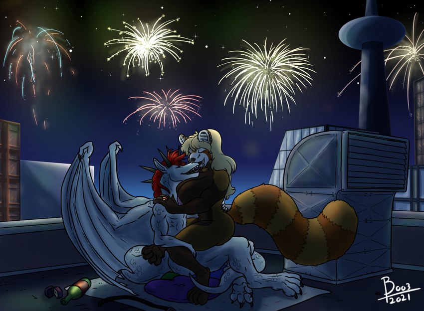 anthro big_breasts breasts duo female fireworks kissing male male/female nipples tail boo3 mythology izixs mackenzie_(lateinshowing) ailurid dragon mammal mythological_creature mythological_scalie red_panda scalie hi_res