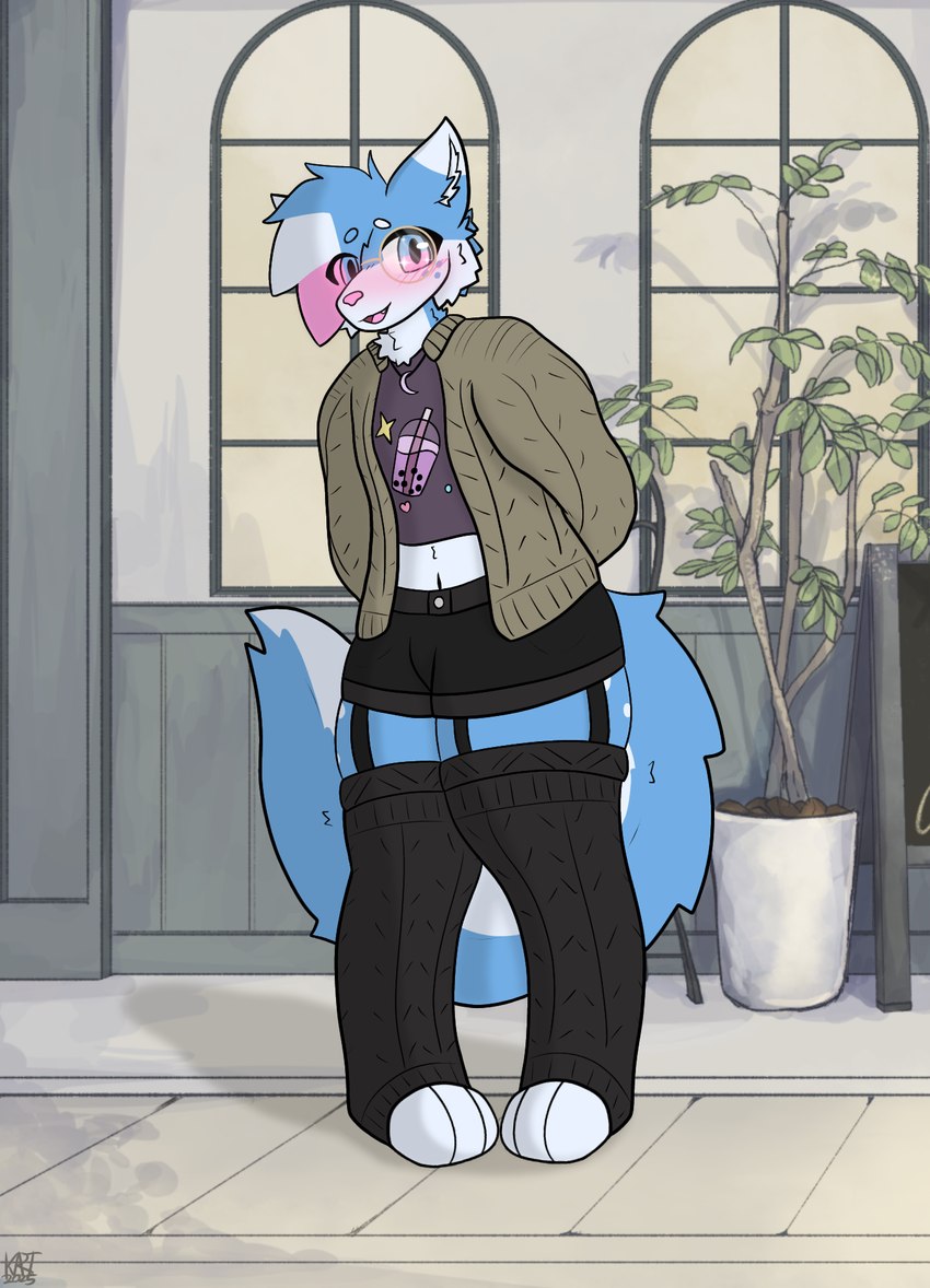 anthro blush bottomwear clothing crop_top eyewear femboy glasses hotpants legwear male shirt shorts solo sparkles sparkling_eyes sweater thick_thighs thigh_highs topwear kariwolf197 skyler(pm) canid canine fox mammal hi_res
