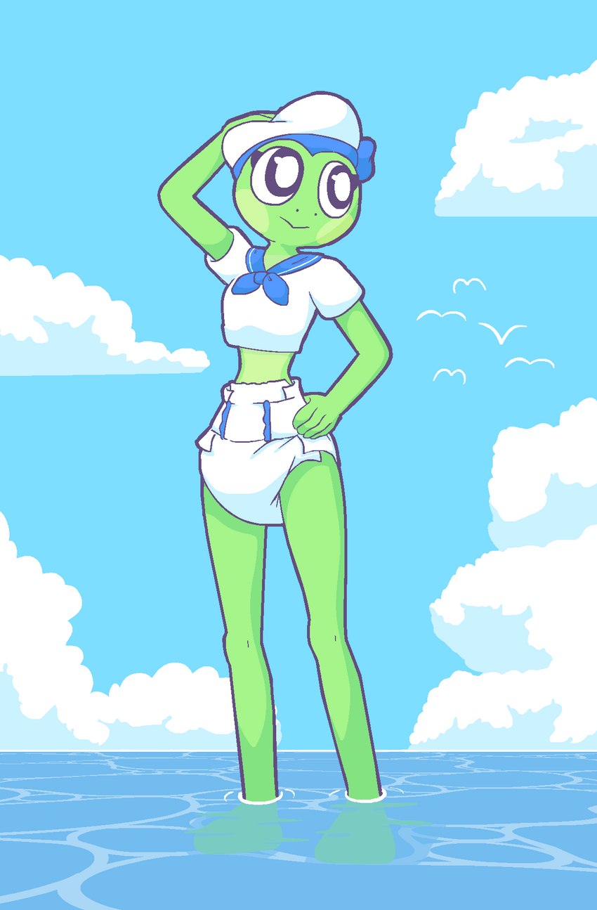 5_fingers anthro barefoot big_eyes black_eyes blue_clothing blue_hat blue_headwear blue_shirt blue_sky blue_topwear bottomwear clean_diaper clothed clothed_anthro clothed_female clothing crop_top day diaper eyelashes feet female fingers green_body green_skin hand_behind_head hand_on_hip hat headgear headwear looking_aside midriff mouth_closed multicolored_clothing multicolored_shirt multicolored_topwear outside partially_submerged pose ripples sailor_hat sailor_uniform shirt sky solo standing topwear two_tone_clothing two_tone_hat two_tone_shirt two_tone_topwear underwear water wearing_diaper white_clothing white_cloud white_hat white_headwear white_shirt white_topwear baggashame feebie_(baggashame) ambient_bird amphibian frog hi_res