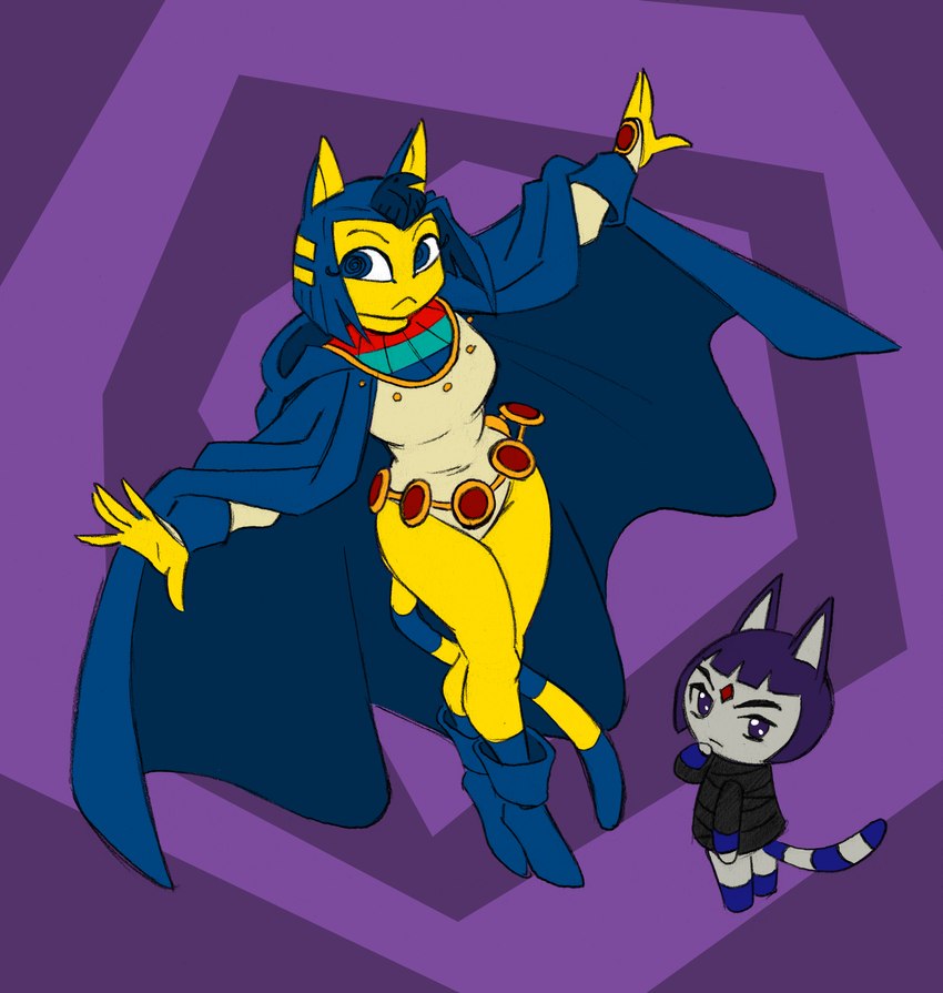 anthro anthrofied belt blue_eyes blue_hair boots chibi cloak clothed clothing cosplay crossover_cosplay duo female footwear fur grey_body grey_fur hair markings purple_background shoes simple_background striped_markings striped_tail stripes tail tail_markings yellow_body yellow_fur captain_molasses animal_crossing dc_comics nintendo teen_titans ankha_(animal_crossing) raven_(dc) domestic_cat felid feline felis mammal 2023 crossover hi_res