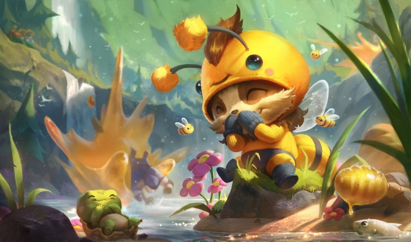 bee_costume clothing costume detailed_background flower honey_dipper plant smile tree water league_of_legends riot_games tencent beemo teemo_(lol) arthropod bee fish hymenopteran insect mammal marine reptile scalie turtle yordle hi_res official_art