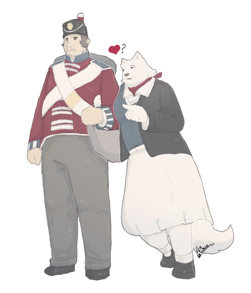 anthro british clothed clothing duo female fur headgear heart_symbol male male/female military napoleonic red_clothing soldier suit tail uniform warrior white_body white_fur callmetatsuo canid canine canis human mammal wolf absurd_res hi_res