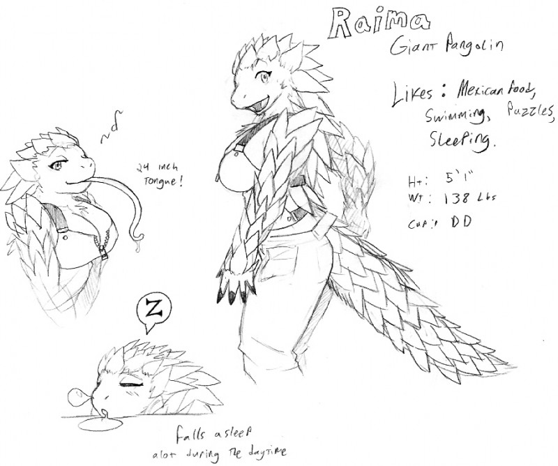 anthro big_breasts bodily_fluids breasts drooling eyes_closed female long_tongue saliva scales simple_background sleeping solo tail text tongue white_background illuminatii raima mammal pangolin english_text graphite_(artwork) monochrome traditional_media_(artwork)