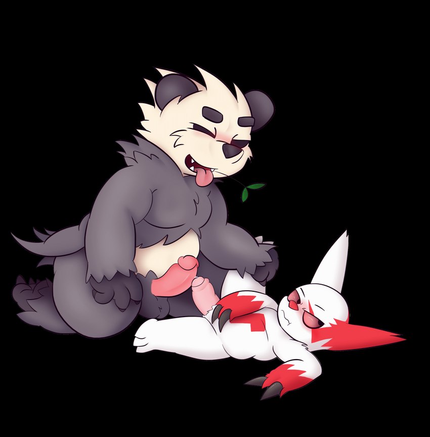 anthro balls blush bodily_fluids duo genital_fluids genitals larger_male male male/male penis precum size_difference tongue fuzefurry nintendo pokemon generation_3_pokemon generation_6_pokemon pangoro pokemon_(species) zangoose absurd_res alpha_channel hi_res