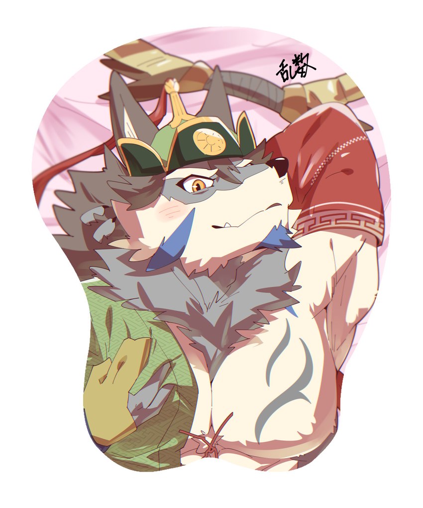 anthro athletic athletic_anthro blush clothing fur grey_body grey_fur hands_behind_head hat headgear headwear male mousepad_design pecs solo ruentn lifewonders tokyo_afterschool_summoners temujin_(tas) canid canine canis mammal wolf 5:6 hi_res