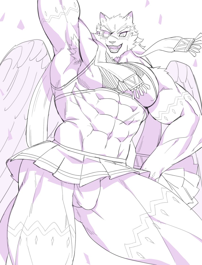 abs anthro armpit_hair body_hair bottomwear bulge cheerleader_outfit clothed clothing crop_top crossdressing detailed_bulge fur genital_outline male miniskirt muscular muscular_male panties panty_shot pecs penis_outline raised_arm shirt skirt smile solo topwear underwear wings aaassstaro lifewonders tokyo_afterschool_summoners tezcatlipoca_(tas) felid mammal hi_res