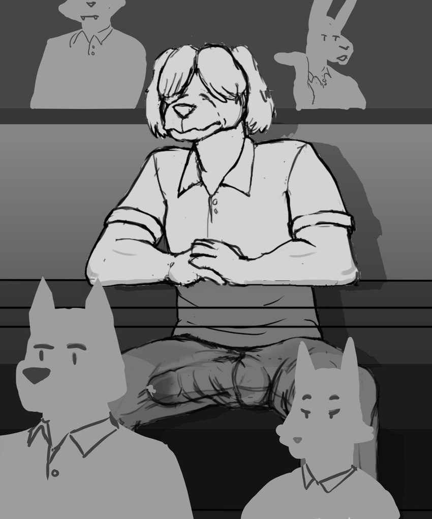 anthro bulge classroom clothed clothing erection erection_under_clothing group lecture male school solo_focus lewd_latte beastars collot_(beastars) canid canine canis domestic_dog fox herding_dog lagomorph leporid mammal old_english_sheepdog pastoral_dog rabbit sheepdog 5:6 guide_lines hi_res monochrome sketch