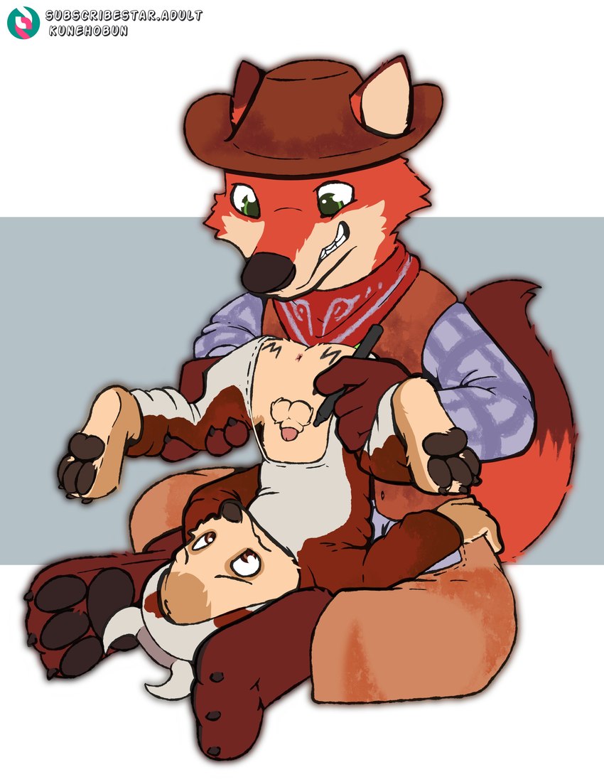 anthro anus balls body_writing clothed clothing cowboy_hat duo fully_clothed furgonomic_hat furgonomic_headwear furgonomics genitals hat headgear headwear holding_another male male/male onesie open_flap pawpads paws penis penis_tip upside_down writing_on_butt kuuneho disney zootopia finnick_(zootopia) nick_wilde canid canine fennec_fox fox mammal true_fox absurd_res hi_res