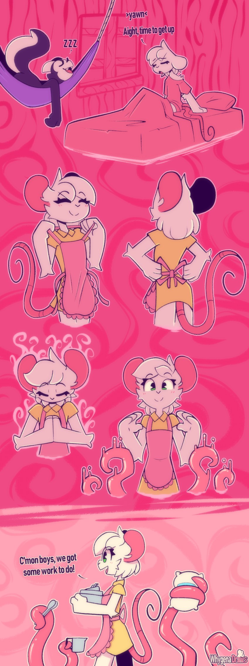 anthro apron clothing dialogue duo female magic male sleeping tentacles text whygena evelyn_(whygena) reggie_(whygena) kobold mammal murid murine rat rodent scalie absurd_res comic english_text hi_res